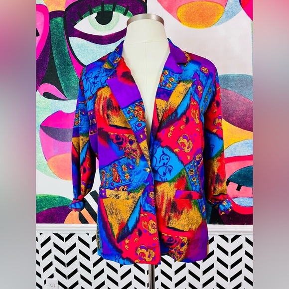 Vintage Jackets & Blazers - VTG 1990s Multicolor Floral Blazer Jacket